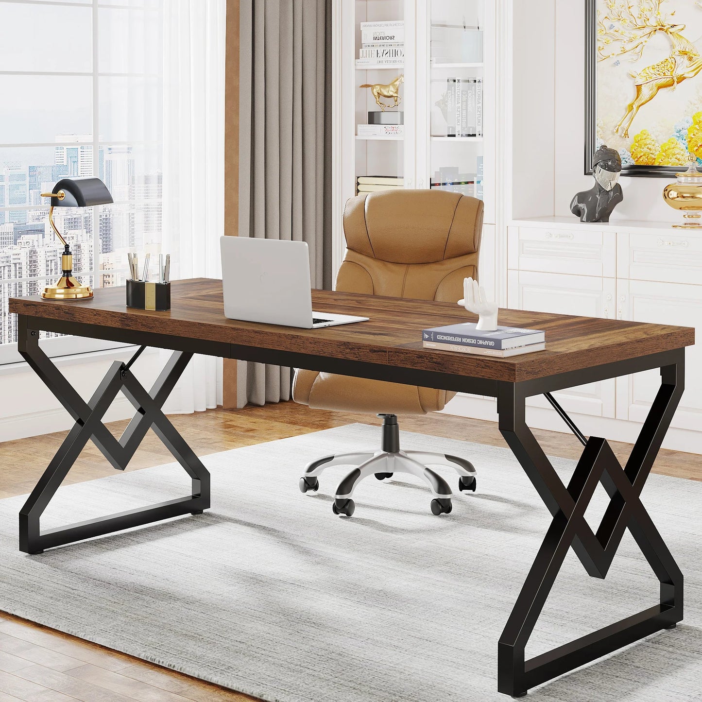 Tribesigns 63" Large Industrial Executive Desk with Extra Thickened Tabletop & Metal Frame, Heavy-Duty Home Office Desk The Pet & Home Store