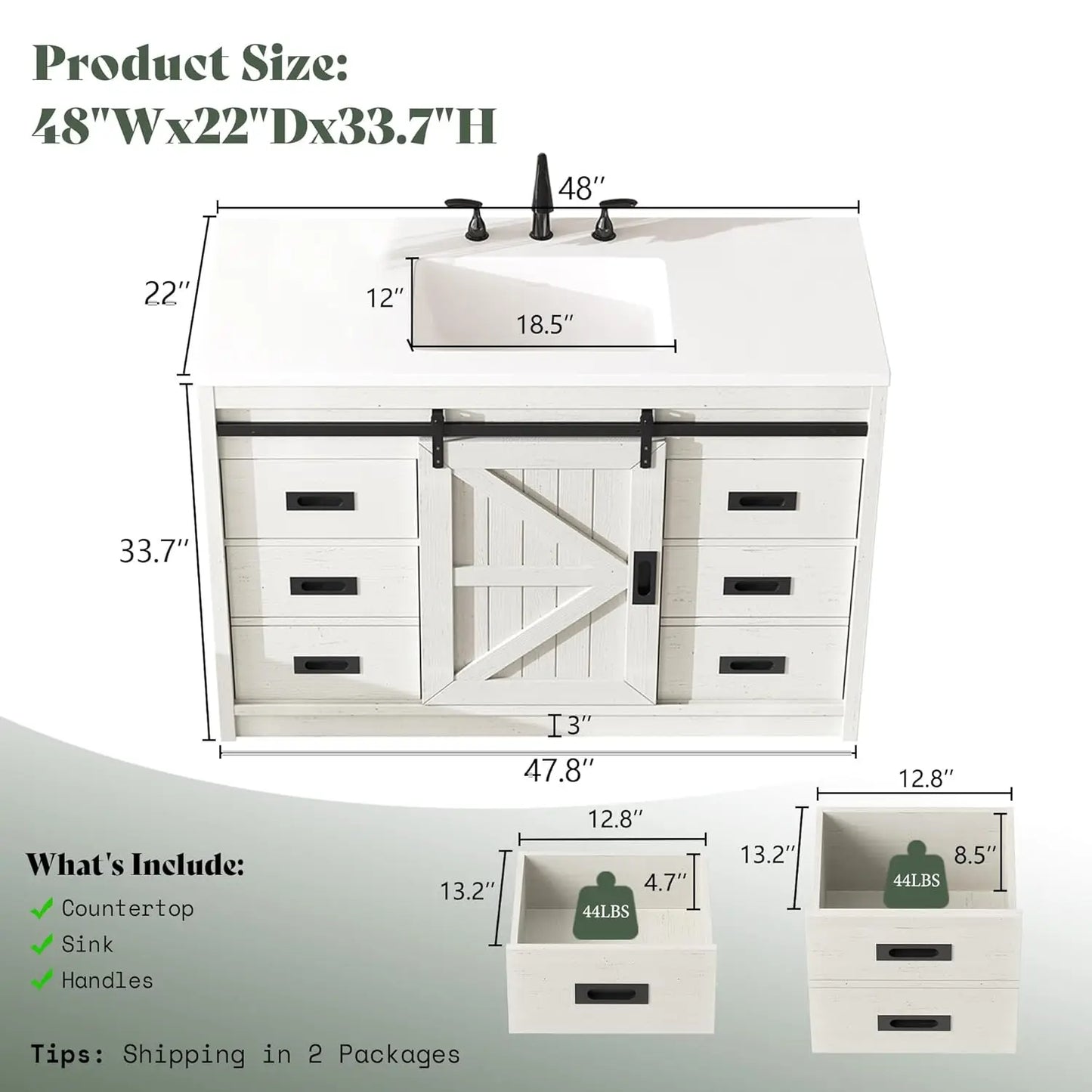 48'' Farmhouse Freestanding Bathroom Vanity with Sink Sliding Barn Door Drawers Metal Handles Deep Basin Storage Custom
