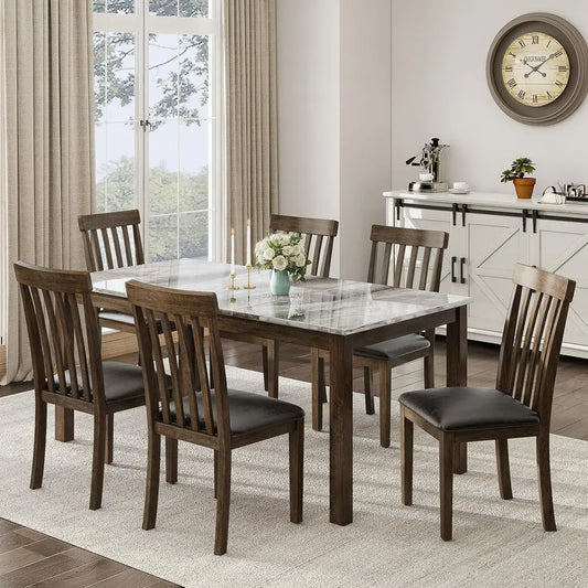 7-Piece Solid Wood Dining Table Set, 71" aux Marble Kitchen Table with 6 Chairs, Curved Backrests & PU Cushioned Seats, Perect o