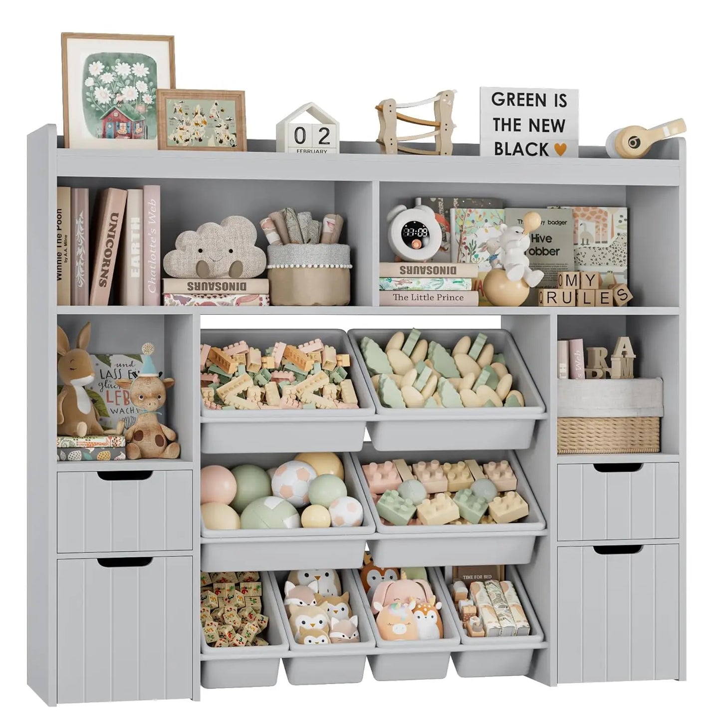 Wood Toy Storage Organizer With Drawers And Removable Bins