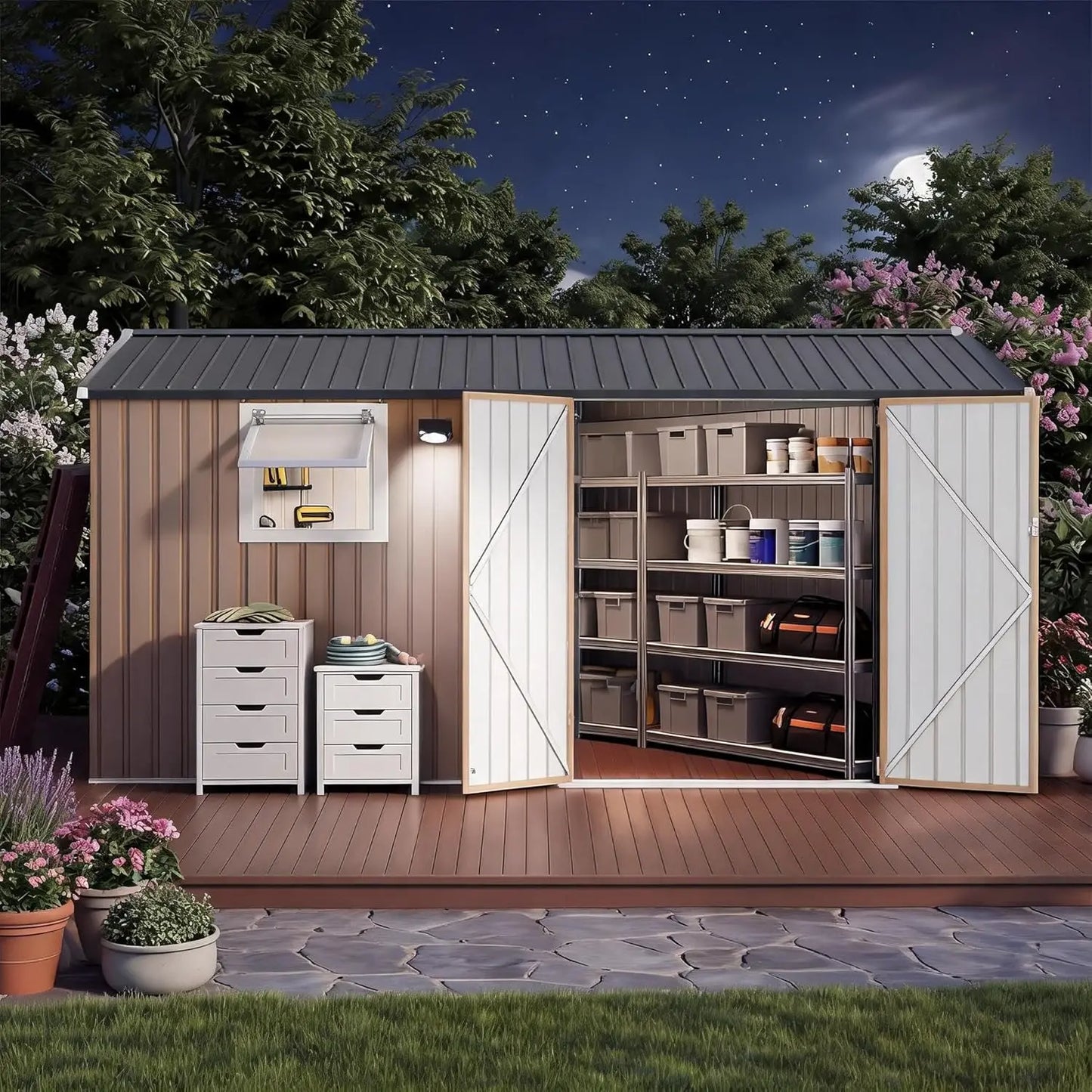 10x8FT Metal Outdoor Storage Shed Pushable Window Solar LED Pegboard Sloping Roof Lockable Doors Backyard Tool Shed, Custom