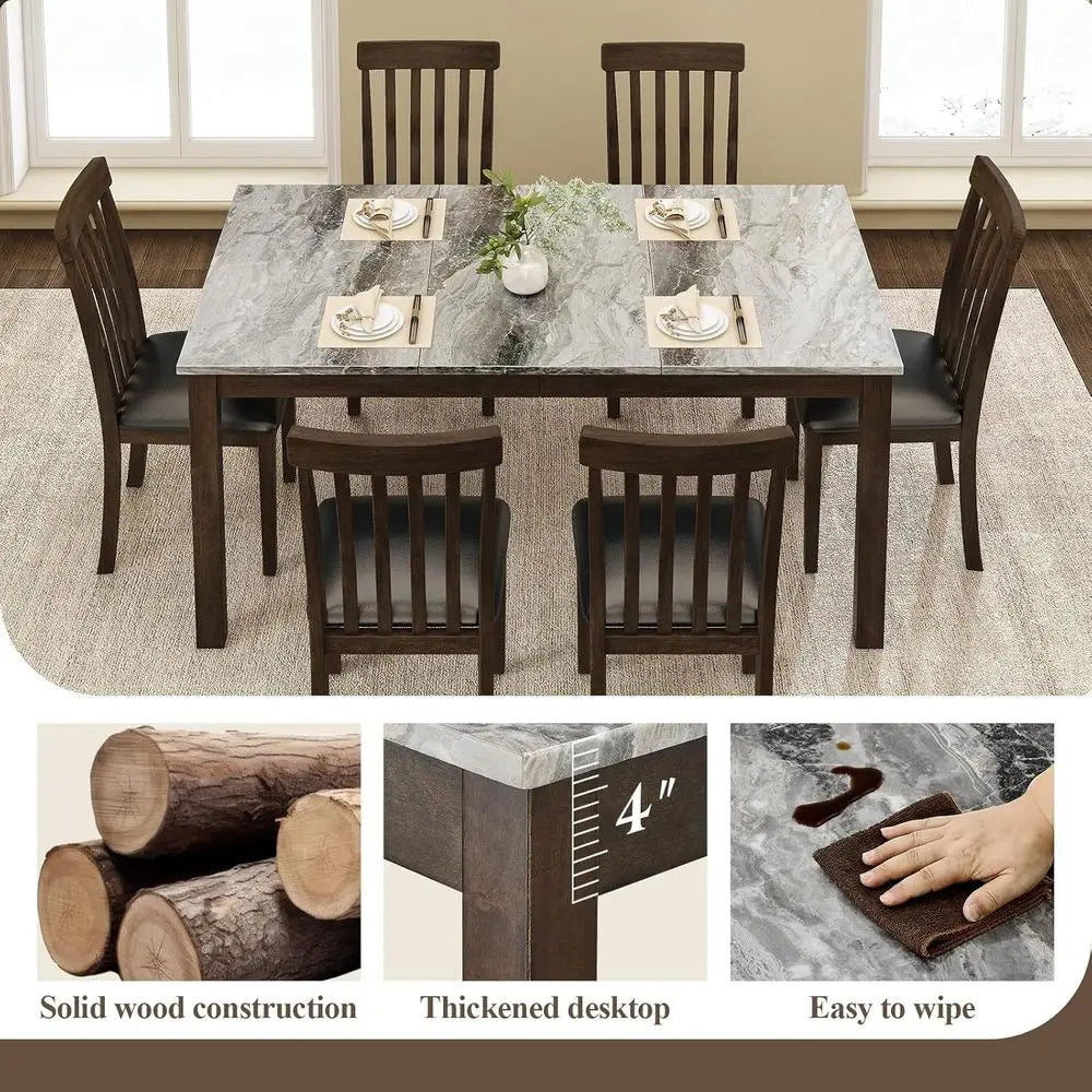 7-Piece Solid Wood Dining Table Set, 71" aux Marble Kitchen Table with 6 Chairs, Curved Backrests & PU Cushioned Seats, Perect o