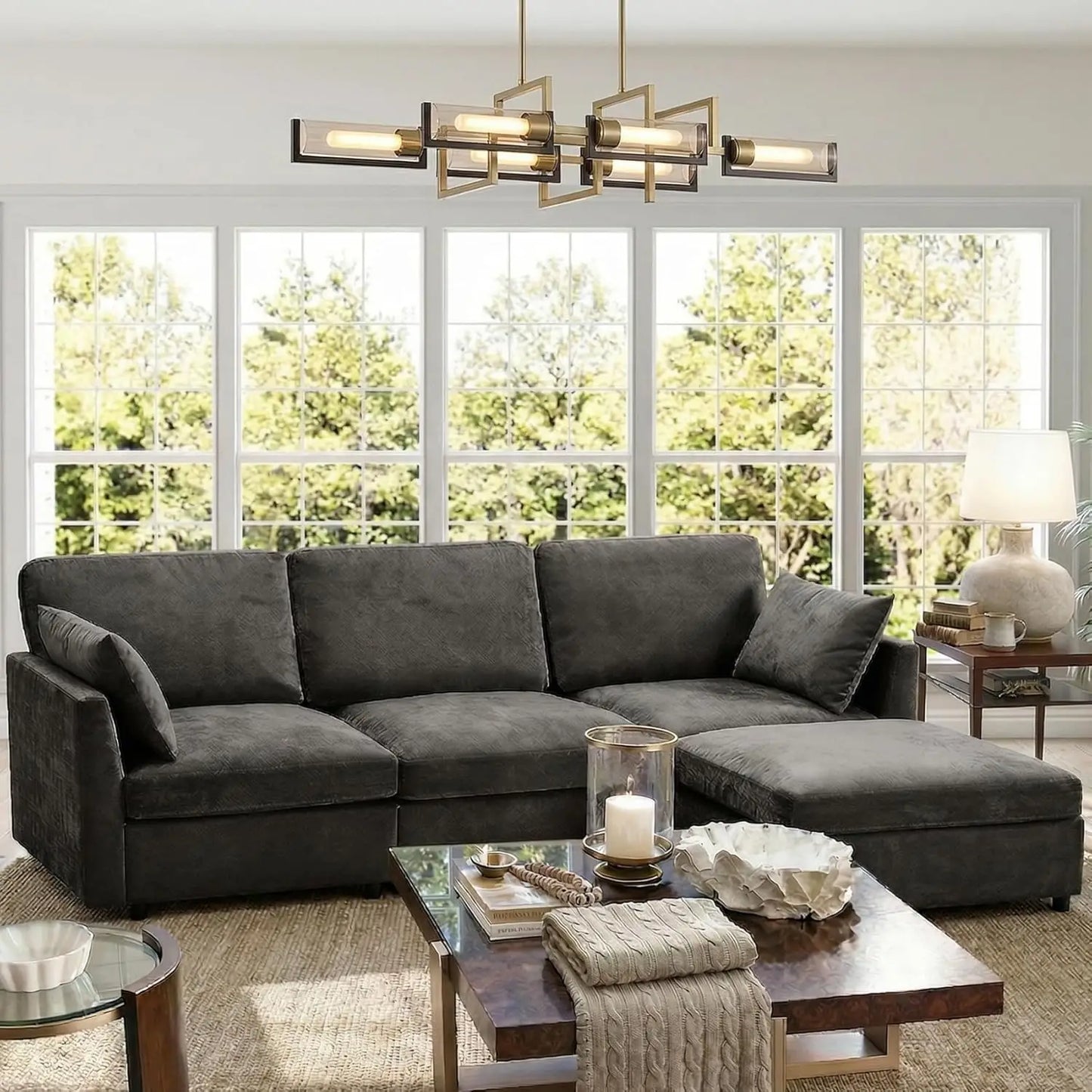 Sectional Couch for Living Room, Comfy L Shaped Convertible Sofa, 4 Seater Modern Chenille Sofa with Ottoman, Grey, Customized