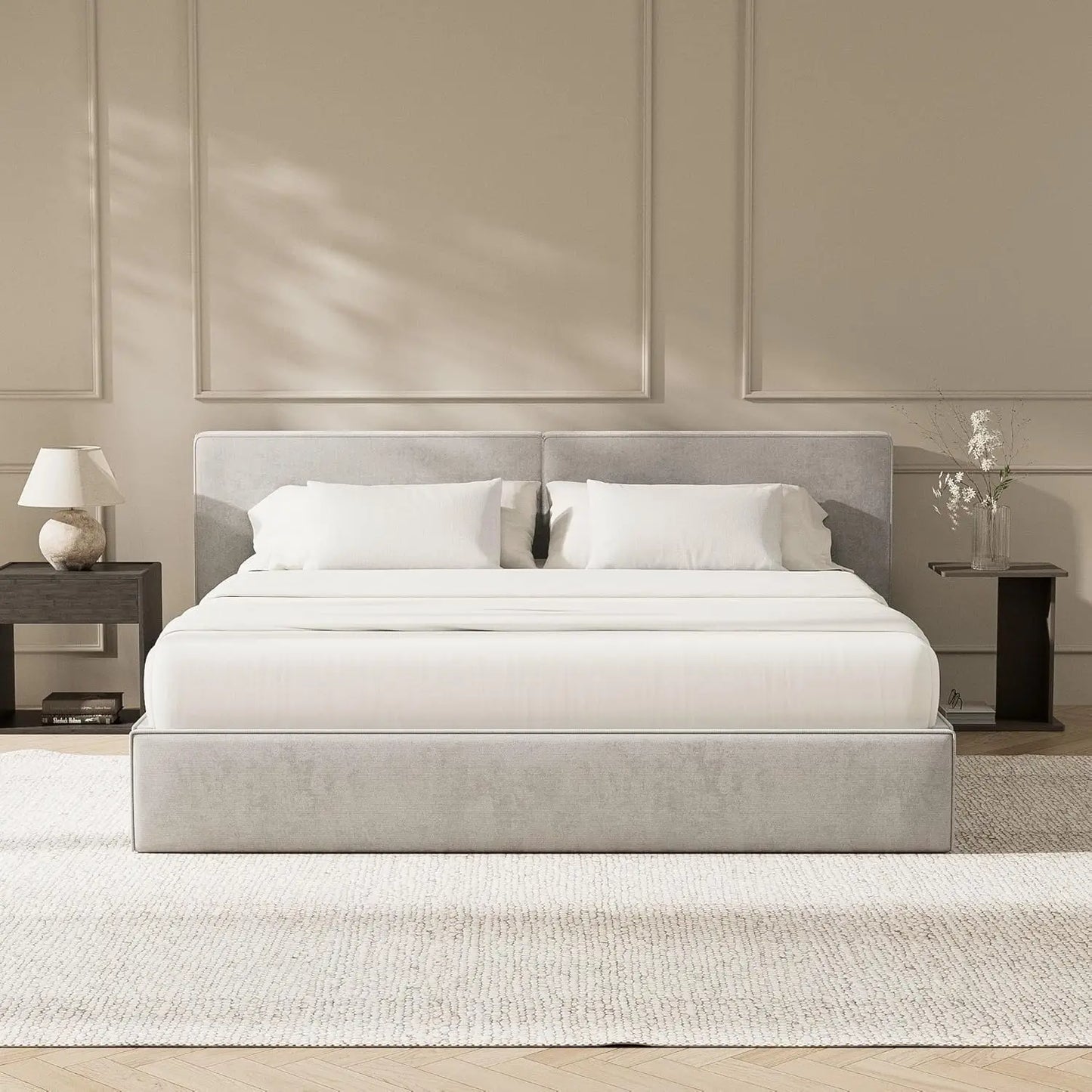 Platform Bed Frame with Plush Upholstered Headboard, Noise-Free Stability, Easy Assembly, Wood Slats
