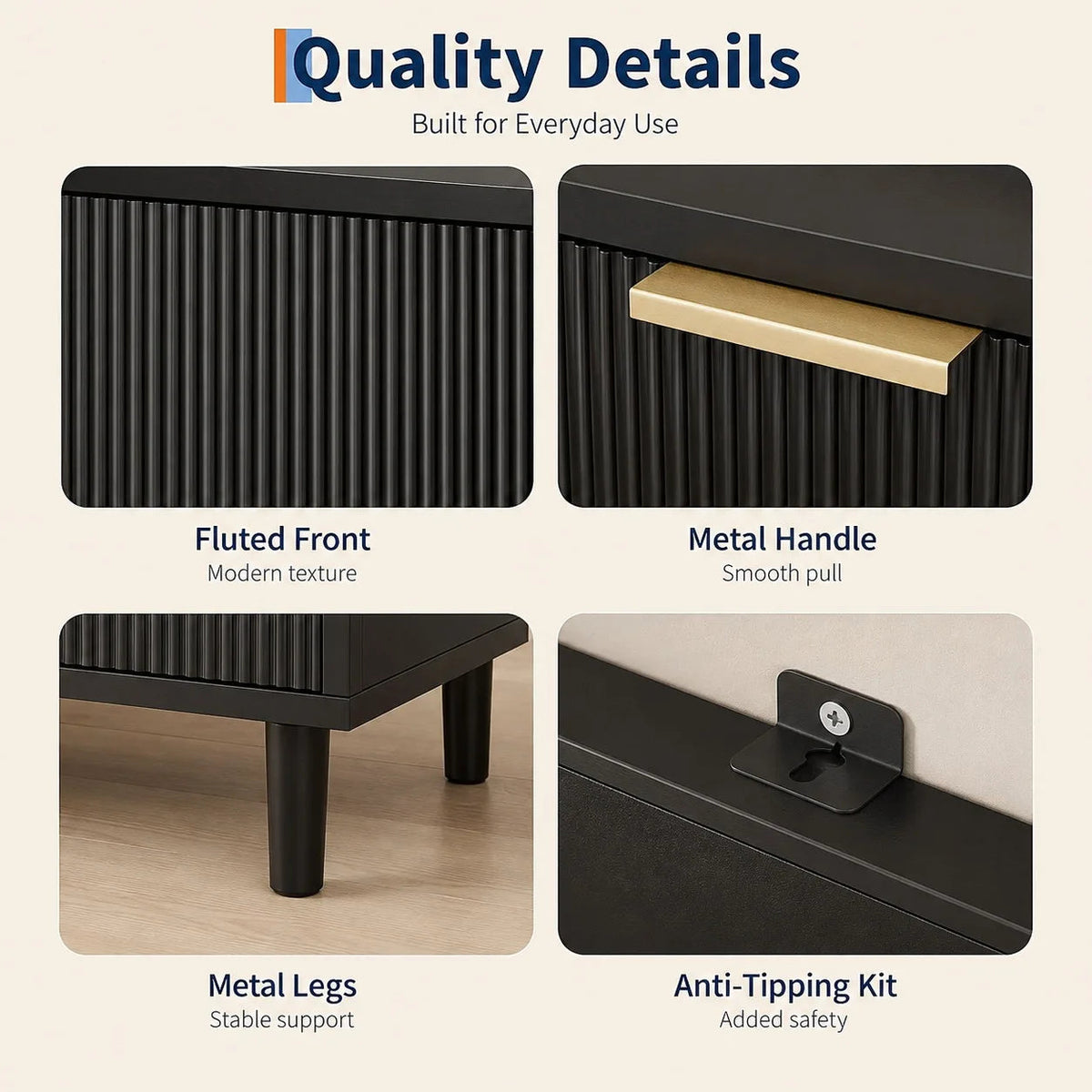Fluted 6 Drawer Dresser with Metal Legs Wide Storage Cabinet Wood Chest of Drawers Anti Tipping Design Bedroom Living Room Hallway Organizer The Pet & Home Store