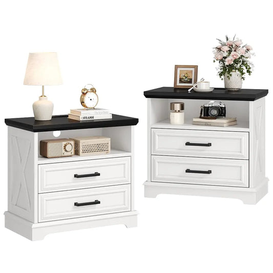 24 Inch Wide Farmhouse Nightstands Set of 2 with Charging Station, Dark Gray Nightstand with 2 Large Drawers,, Customized