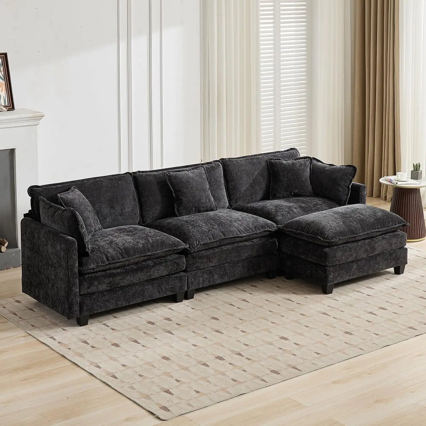 111.5" Blue Modular Sectional Sofa Chenille Deep Seat L-Shape Oversized Living Room Set With Ottoman, Customized