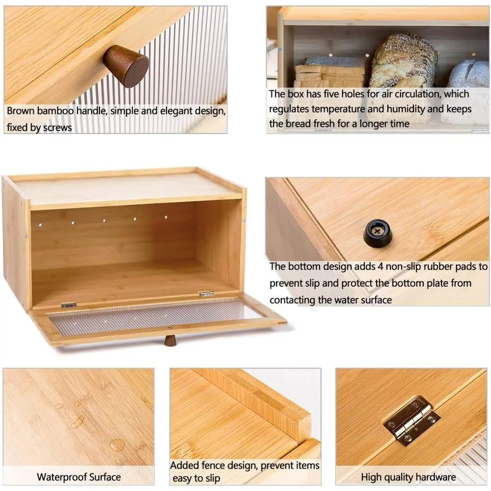 Bamboo Bread Box Large Capacity Bread Storage Container with Window Bread Holder