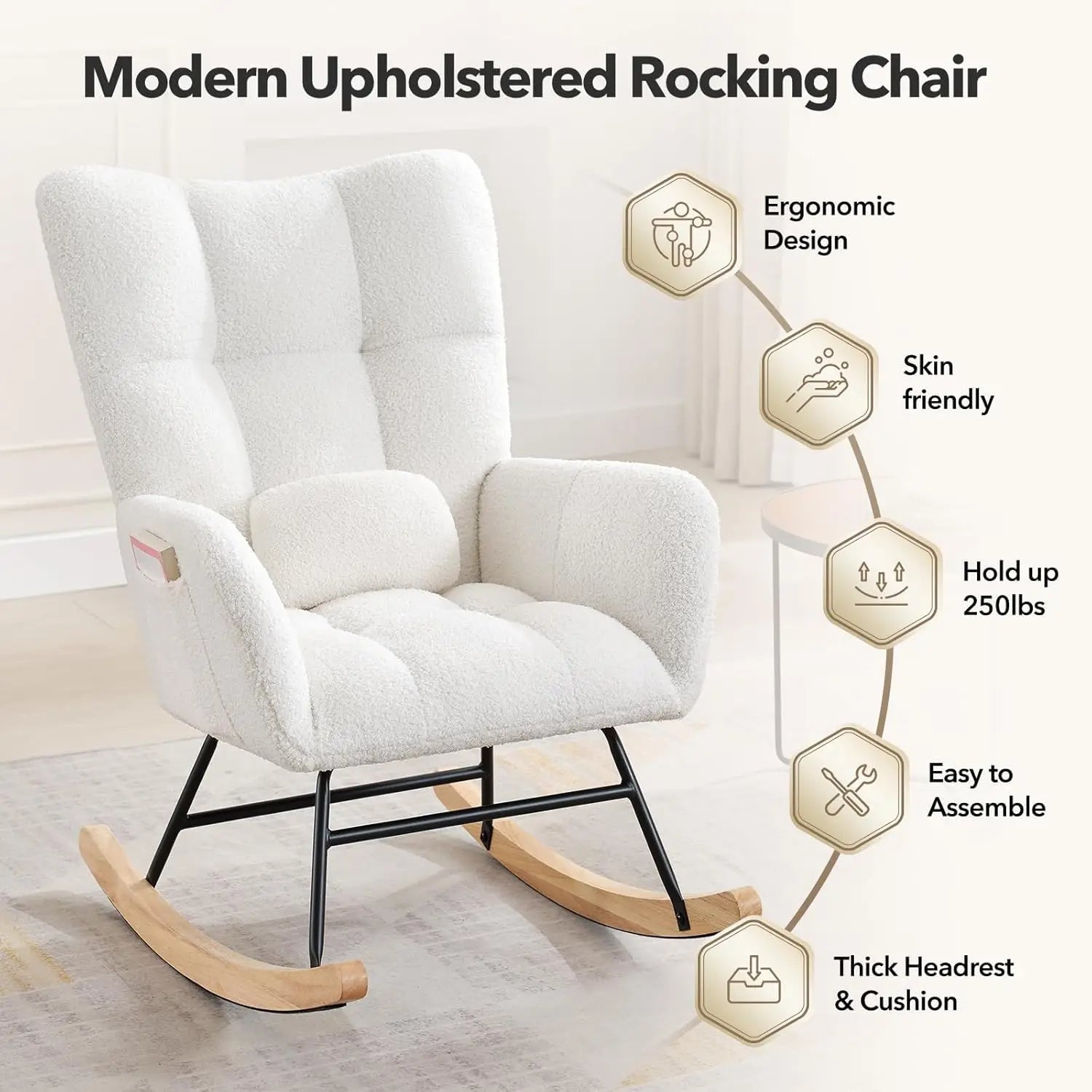Modern Upholstered Nursery Rocking Chairs, with Side Pocket High Back Teddy Boucle Rocker Chair, Rocking Chair Backrest for Livi The Pet & Home Store