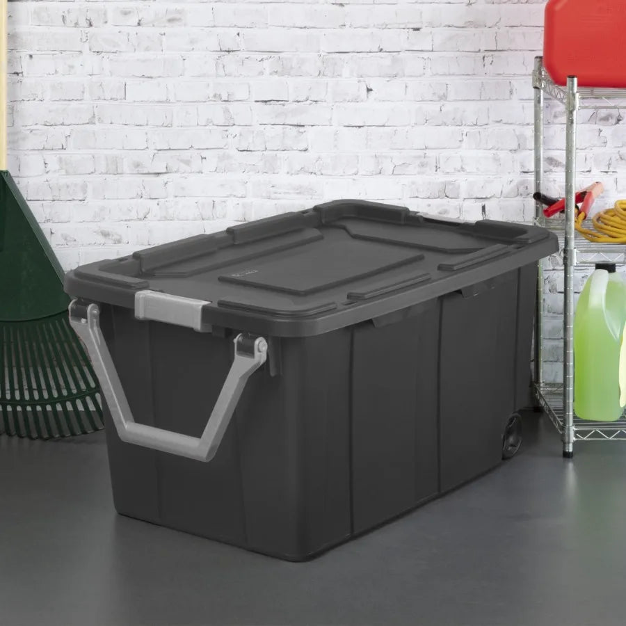 Wheeled Industrial Storage Bin With Latching Lid Heavy Duty Plastic
