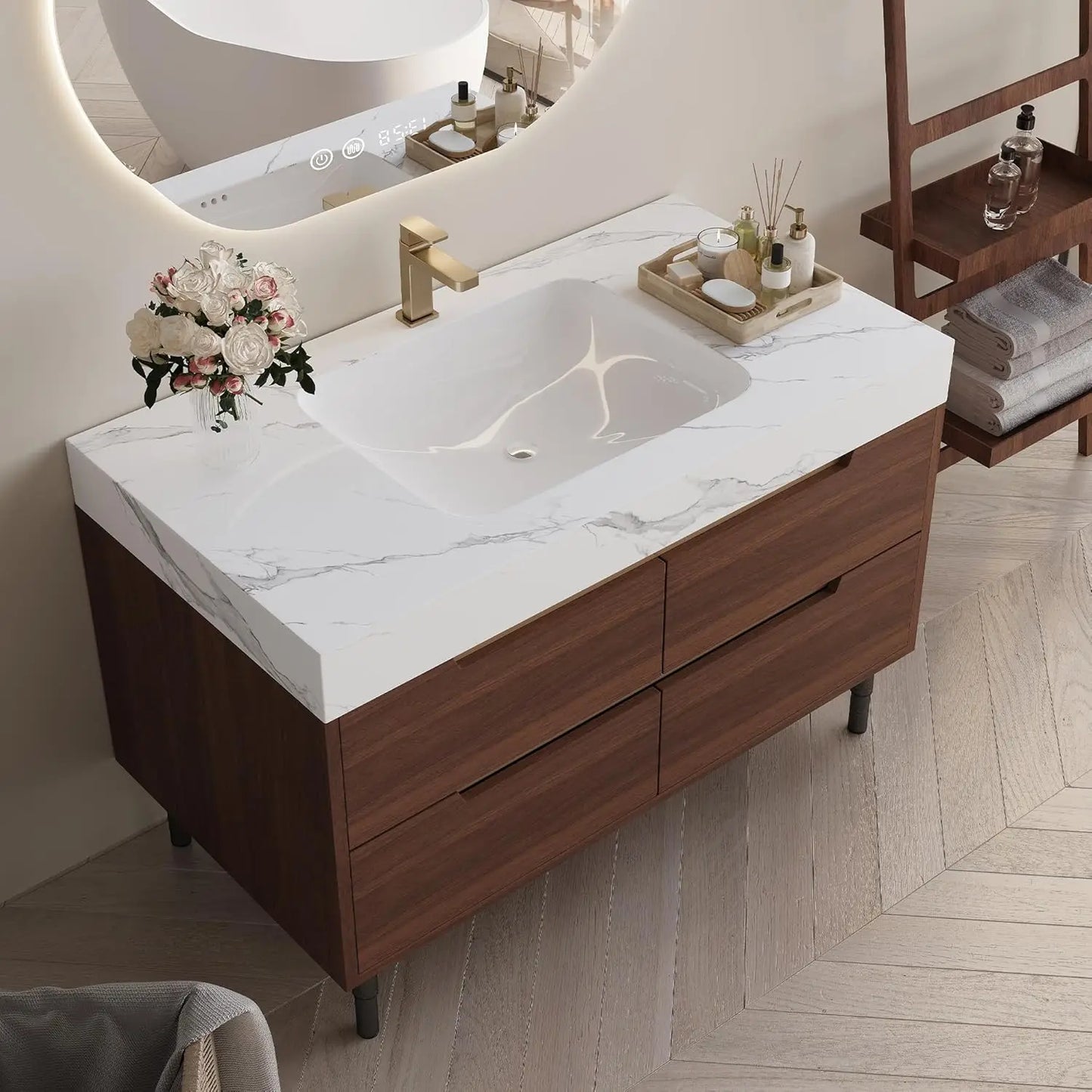 Solid Wood Vanity With Ceramic Sink And Sintered Stone Top