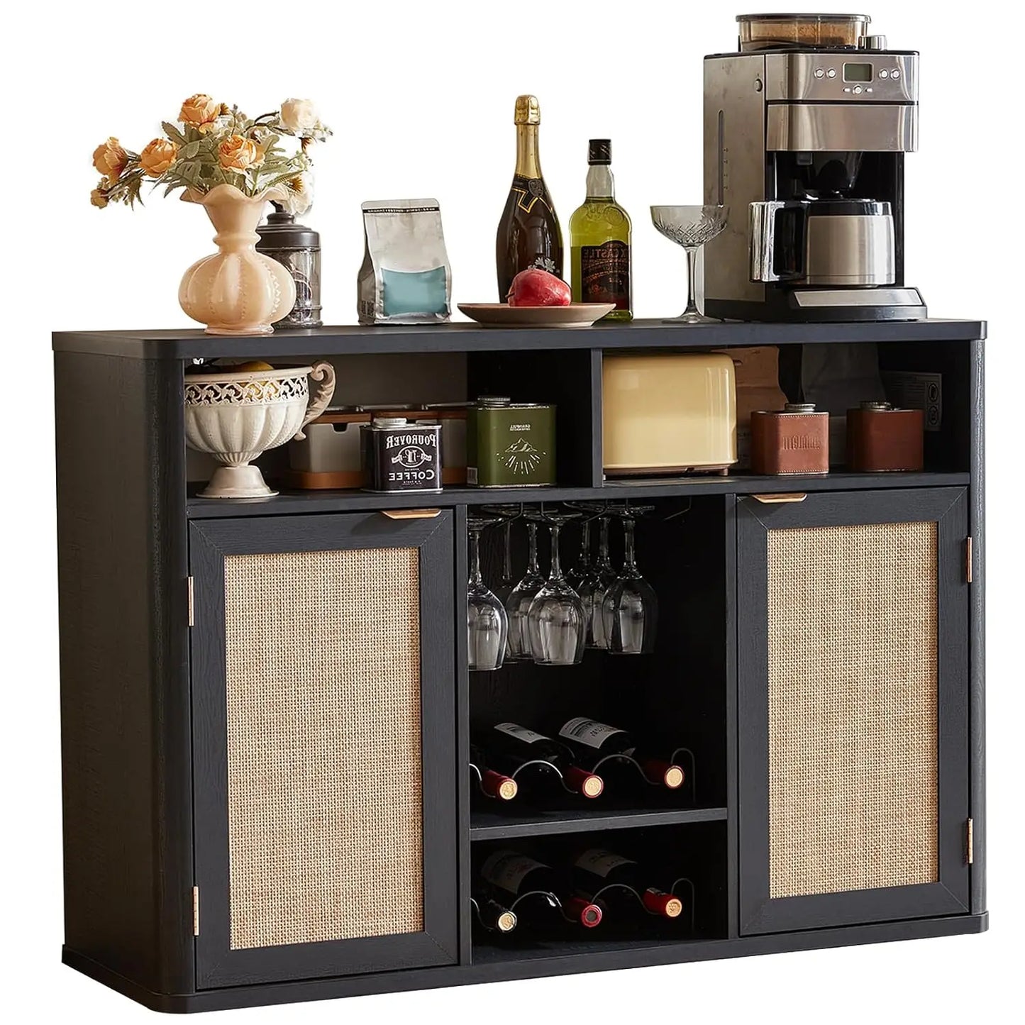 Rattan Wine Cabinet With 2 Doors,Boho Liquor Cabinet,Wine Racks,Farmhouse Coffee Bar Station For Living Room,Custom