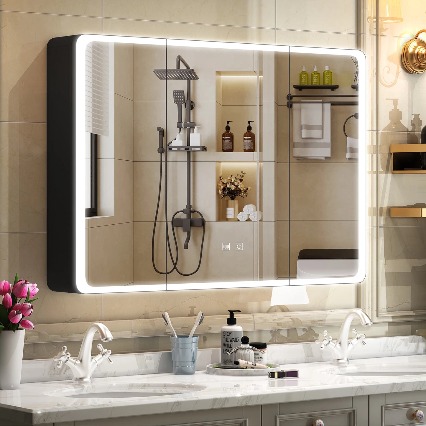 Onesaimei LED Mirror Bathroom Medicine Cabinet With 2 Doors