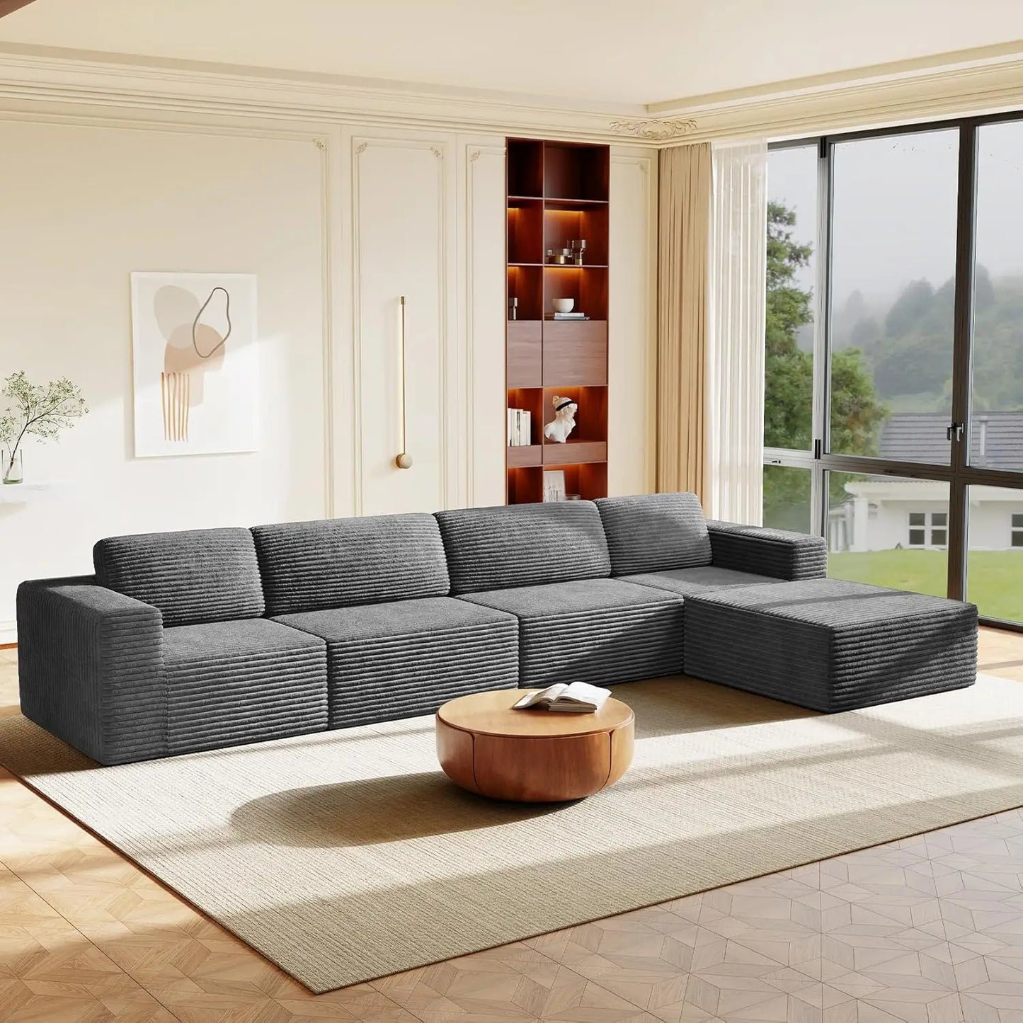 Corduroy L-Shape Modular Sofa With Movable Ottoman Sectional