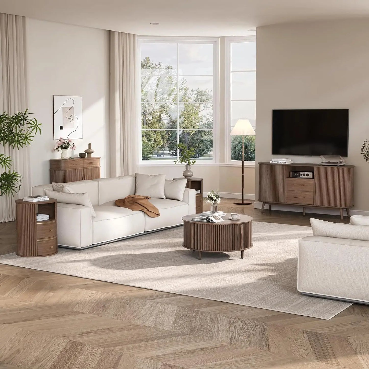 Round Coffee Table With Hidden Storage Walnut Wood Drum Table