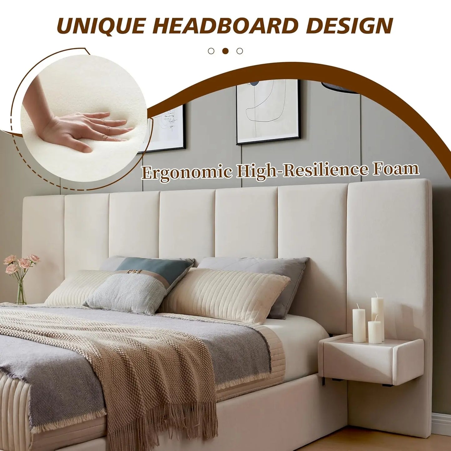 King Upholstered Platform Bed With Lift-Up Storage Velvet Headboard