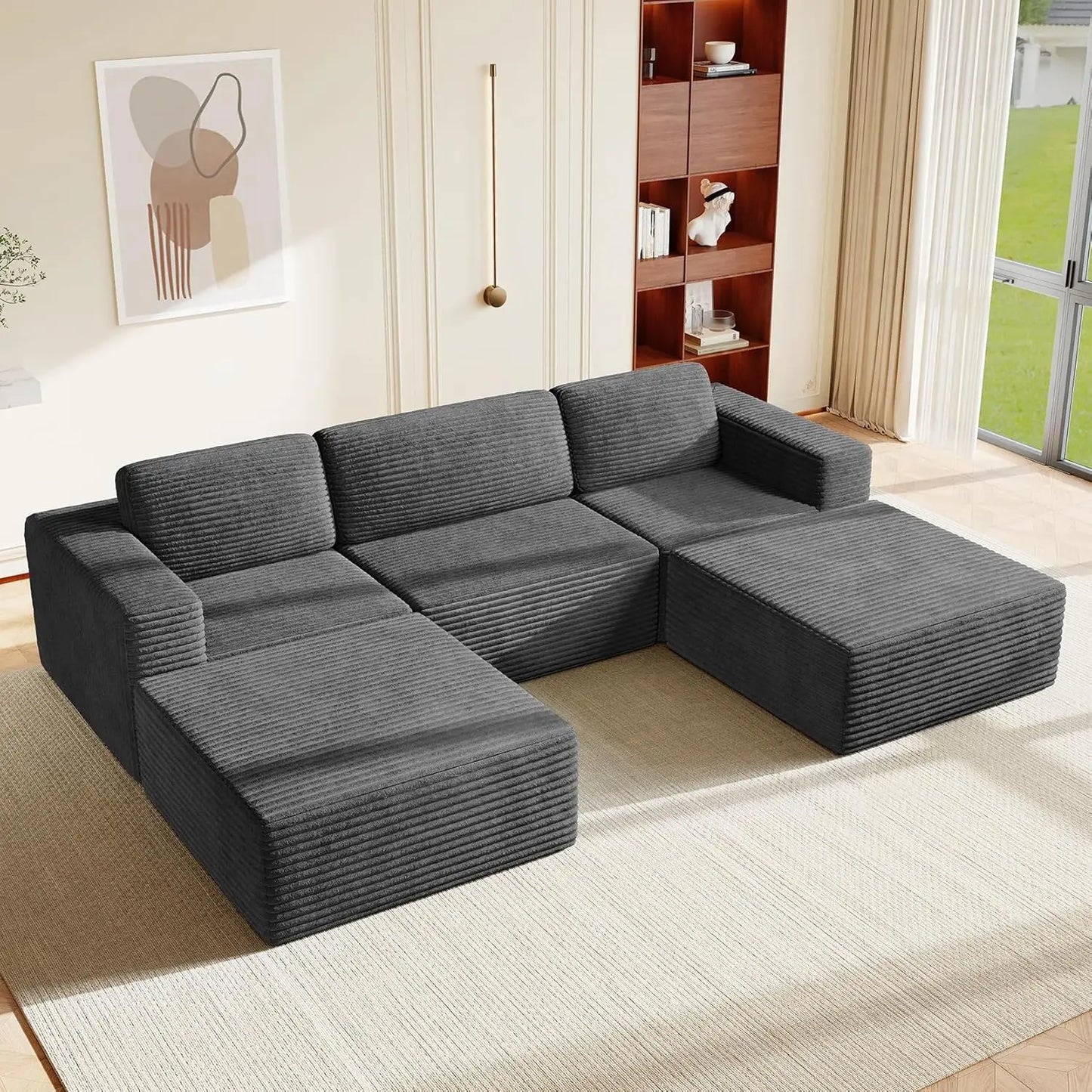 Corduroy L-Shape Modular Sofa With Movable Ottoman Sectional