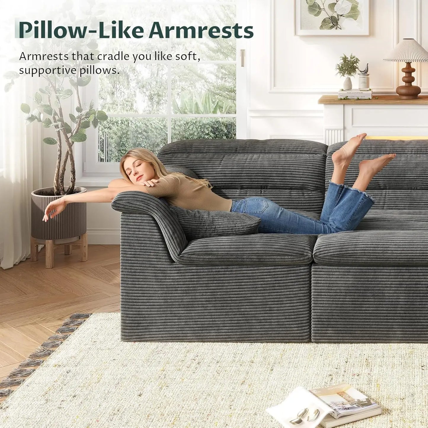 142" Modular Cloud Sectional Couch with Ottoman Modern Upholstered Compressed Sofa Deep Seat, Comfy U-Shape Corduroy Couches