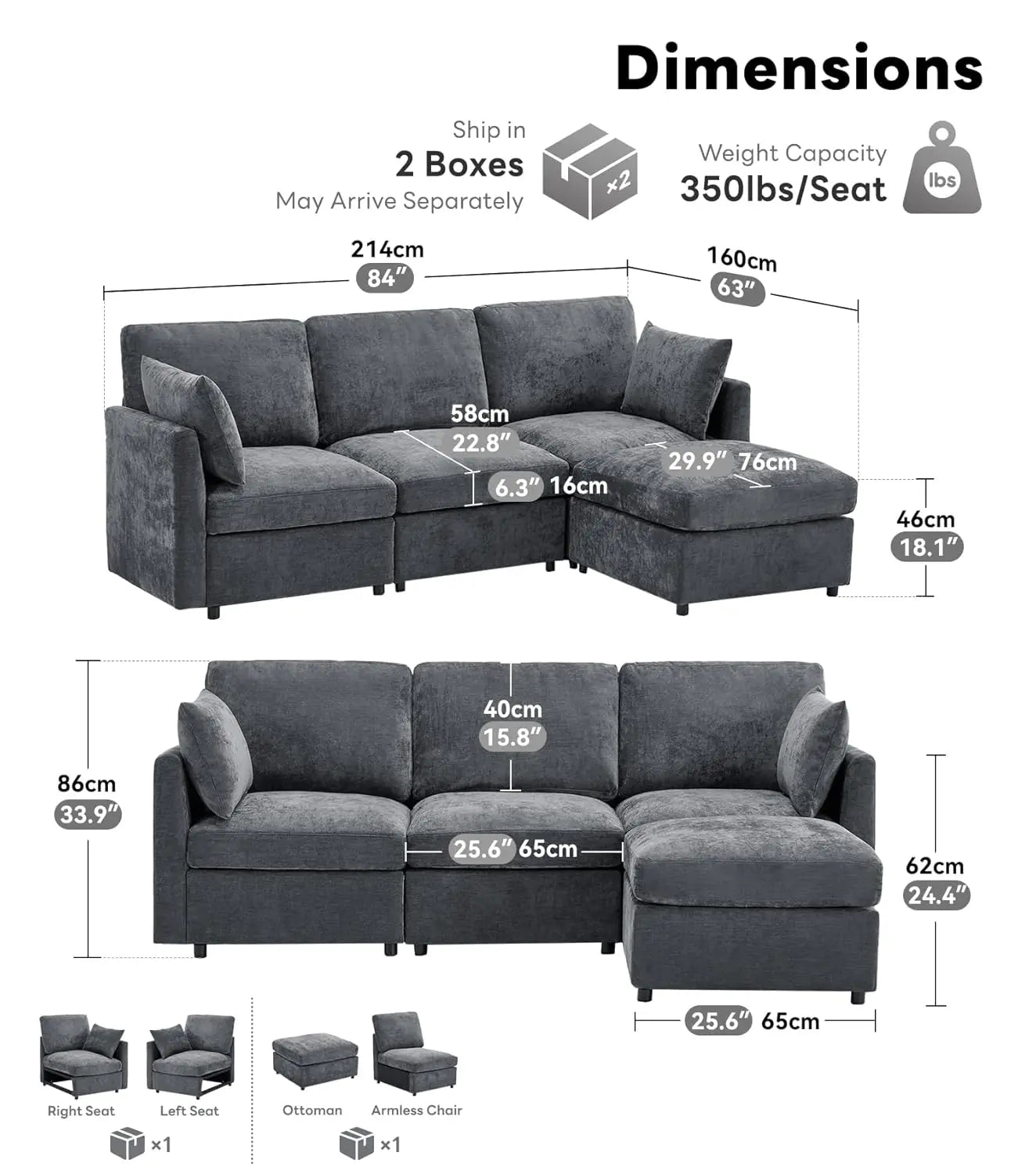 Sectional Couch for Living Room, Comfy L Shaped Convertible Sofa, 4 Seater Modern Chenille Sofa with Ottoman, Grey, Customized