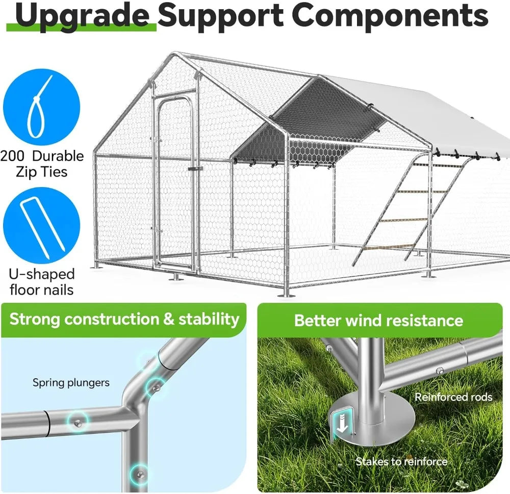 Large Metal Chicken Coop 9.8'x13.2'x6.4' Walk-in Run Outdoor Cage Rabbit Duck Hen House Spire Roof