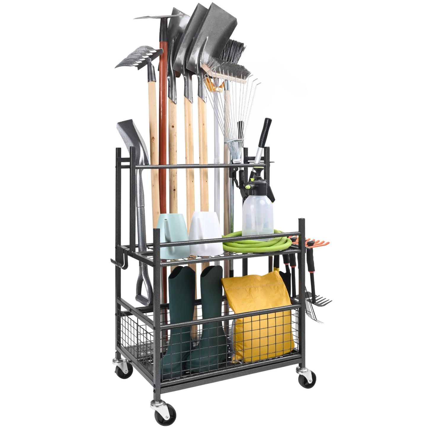 SucceBuy 16-Slot Garden Tool Organizer Rack With Hooks And Wheels