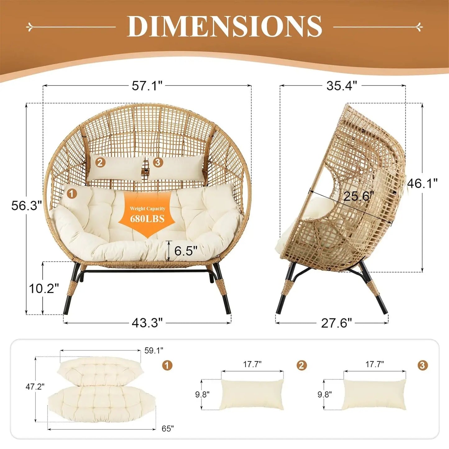 Oversized Double Egg Chair Wicker Rattan Lounge Loveseat with Legs for Patio Garden Backyard Living Room Beige, Customized