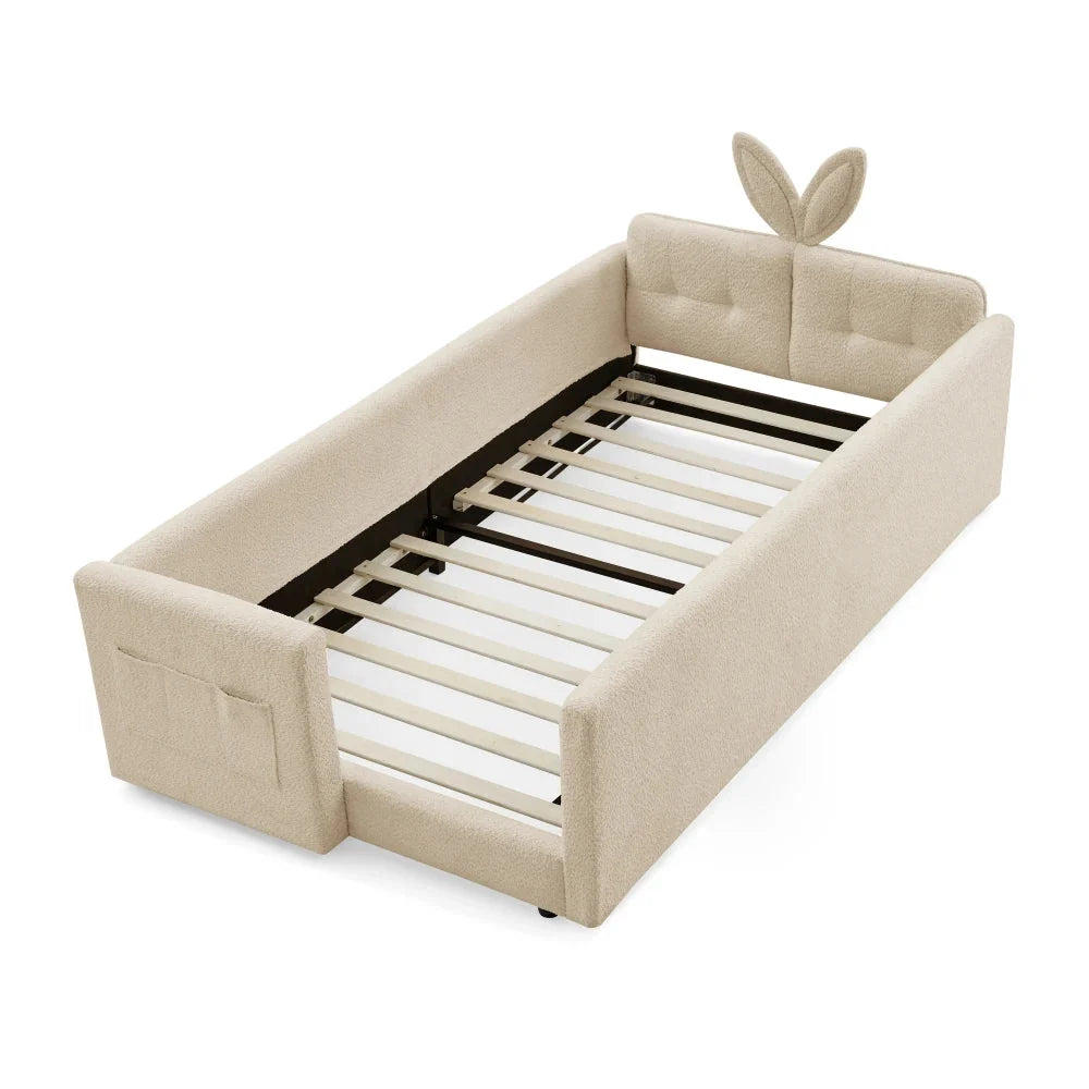 Twin Size Upholstered Platform Bed with Cute Rabbit Ear Shaped Headboard, with Safety Rail and Pocket, Boucle Fabric, Beige The Pet & Home Store