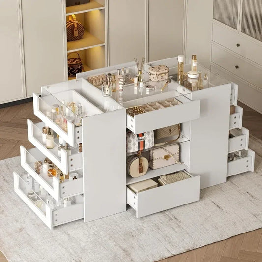 LIVAUVEAD Closet Island with Drawers, Wardrobe Armoire Bedroom Island, Glass Display Shelf & 12 Drawers,White Dresser with Glass