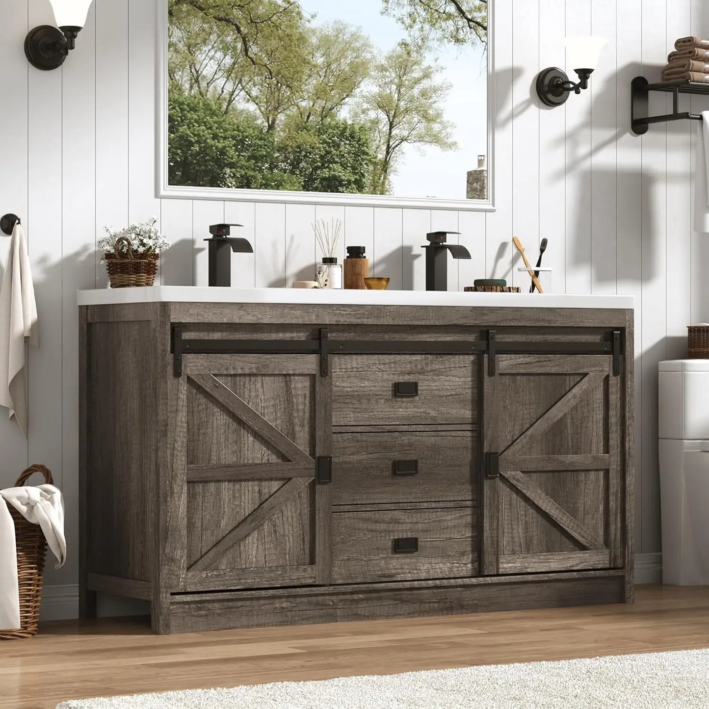 Double Bathroom Vanity with Sink & Faucet & Sewer Pipes,59" Farmhouse Bathroom Vanity Cabinet Set with 3 Storage, Custom