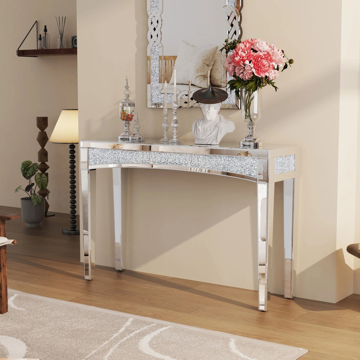 Mirrored Desk Console Table With Crystal Inlay For Living Room