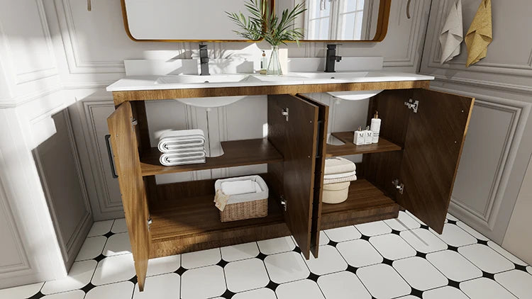 Modern Herringbone Patterned Wooden Bathroom Vanity Cabinet With Double Sink