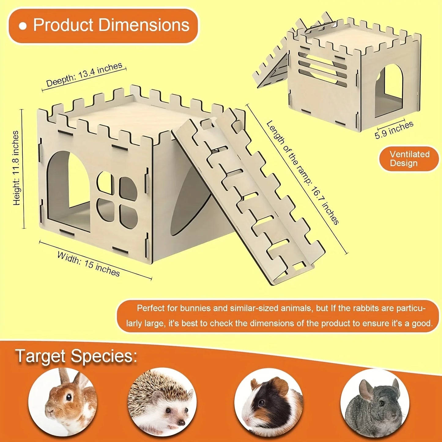 Wooden Detachable Rabbit Castle Hideaway for Guinea Pigs