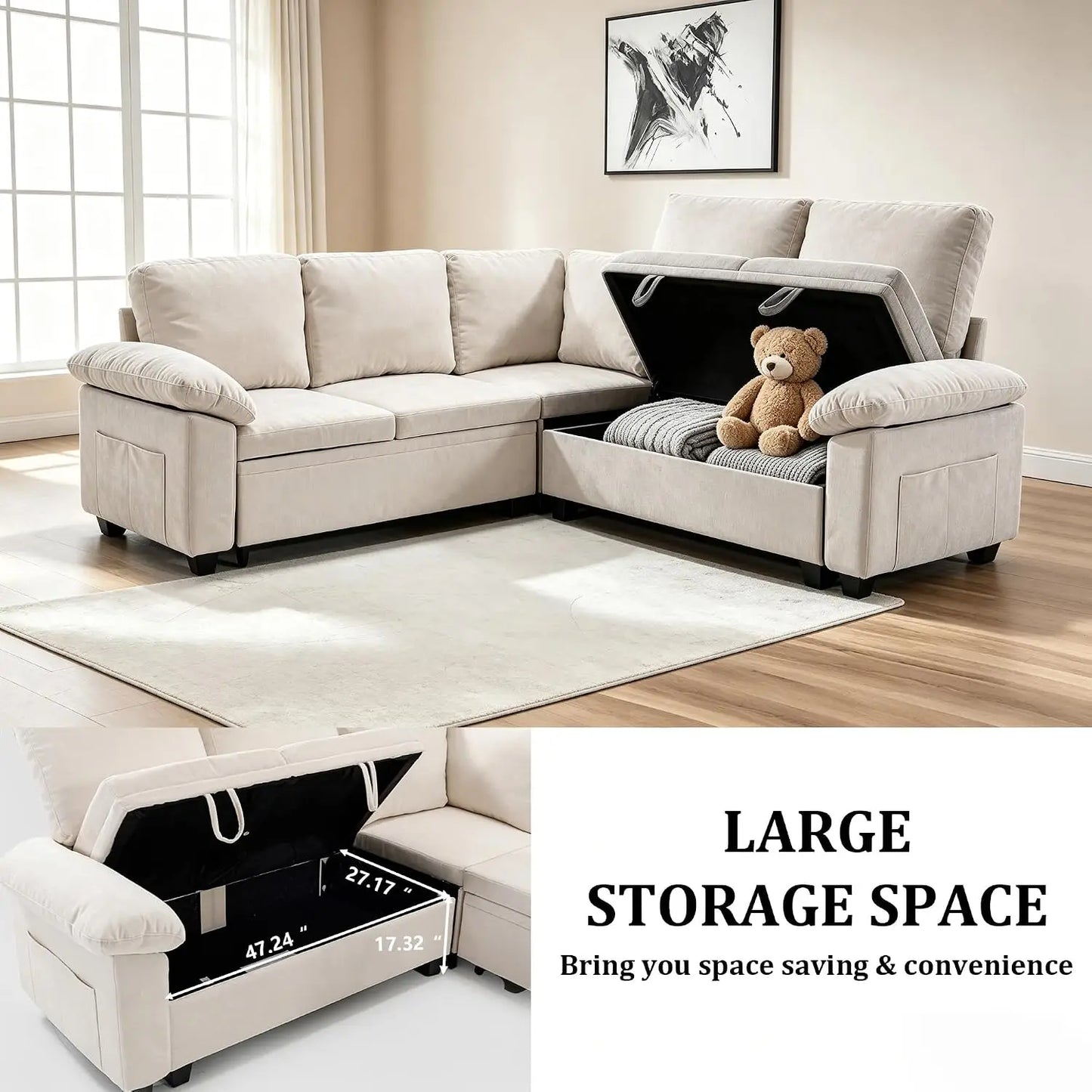 86 Inch Sectional Sleeper L Shaped Sofa with Pull Out Bed, Modular Sectional Sofa with Storage, Modern Chenille 5, Customized