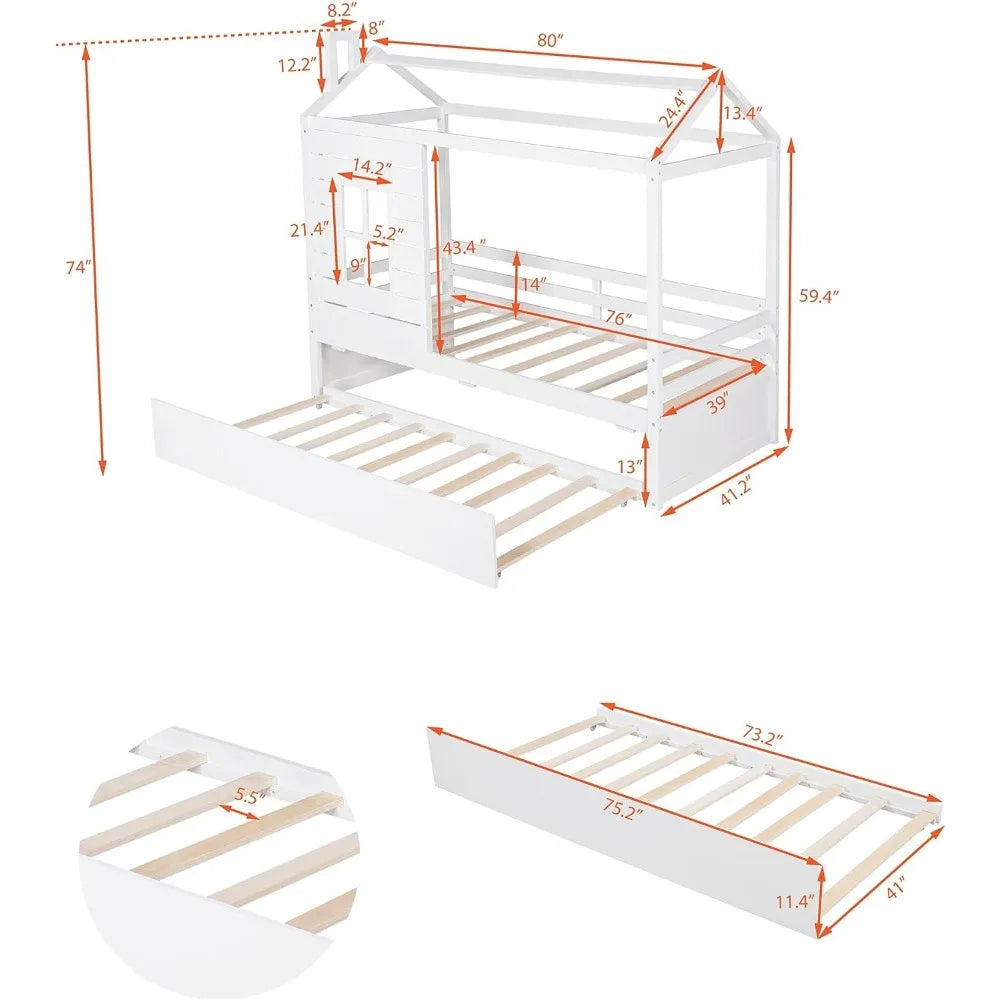 Wood House Bed With Trundle Twin Daybed For Kids Durable