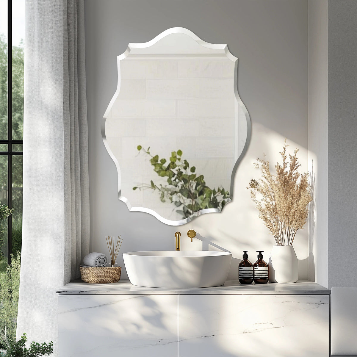 Wall Mirror Scalloped Frameless Beveled Edge Polished for Bathroom, Living Room, Vanity, Bedroom The Pet & Home Store