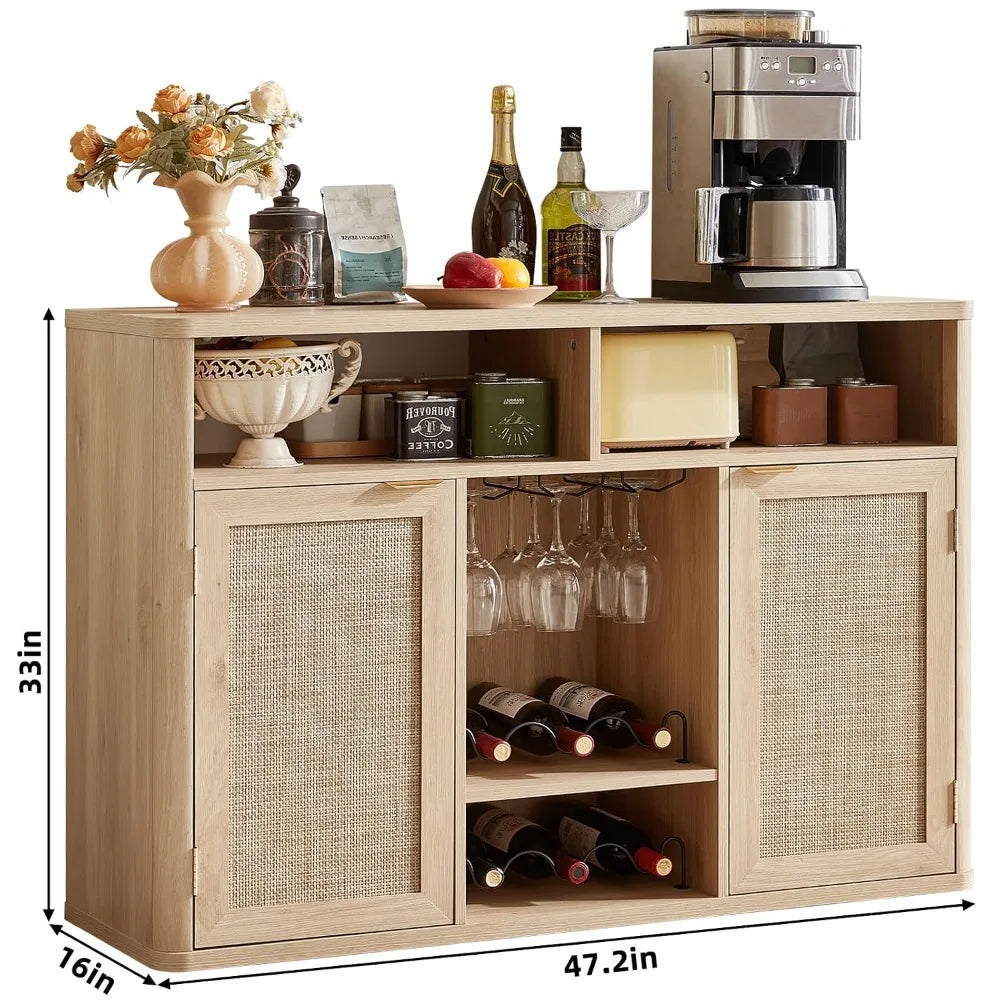 Rattan Wine Cabinet With 2 Doors,Boho Liquor Cabinet,Wine Racks,Farmhouse Coffee Bar Station For Living Room,Custom