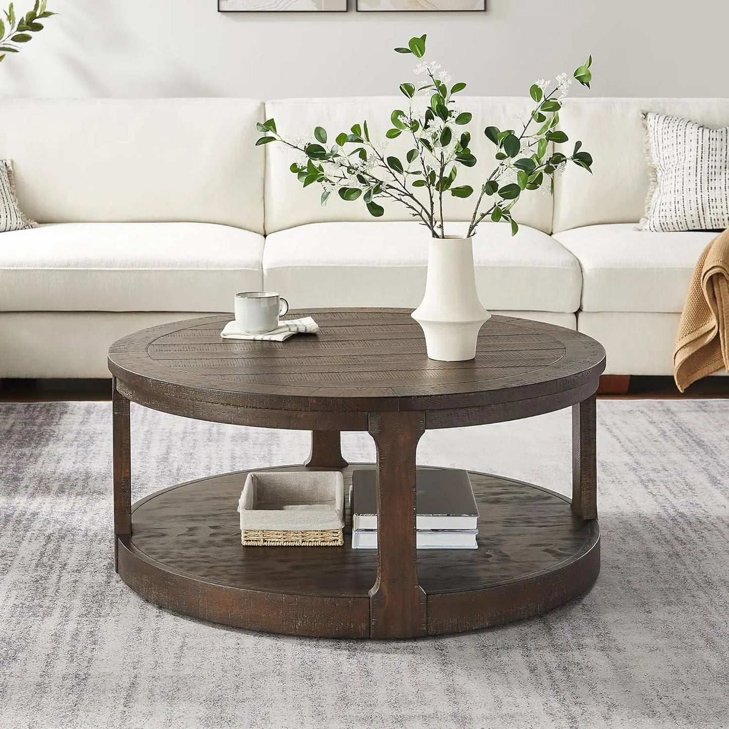 Wood Pedestal Coffee Table For Living Room Minimalist Modern Circle