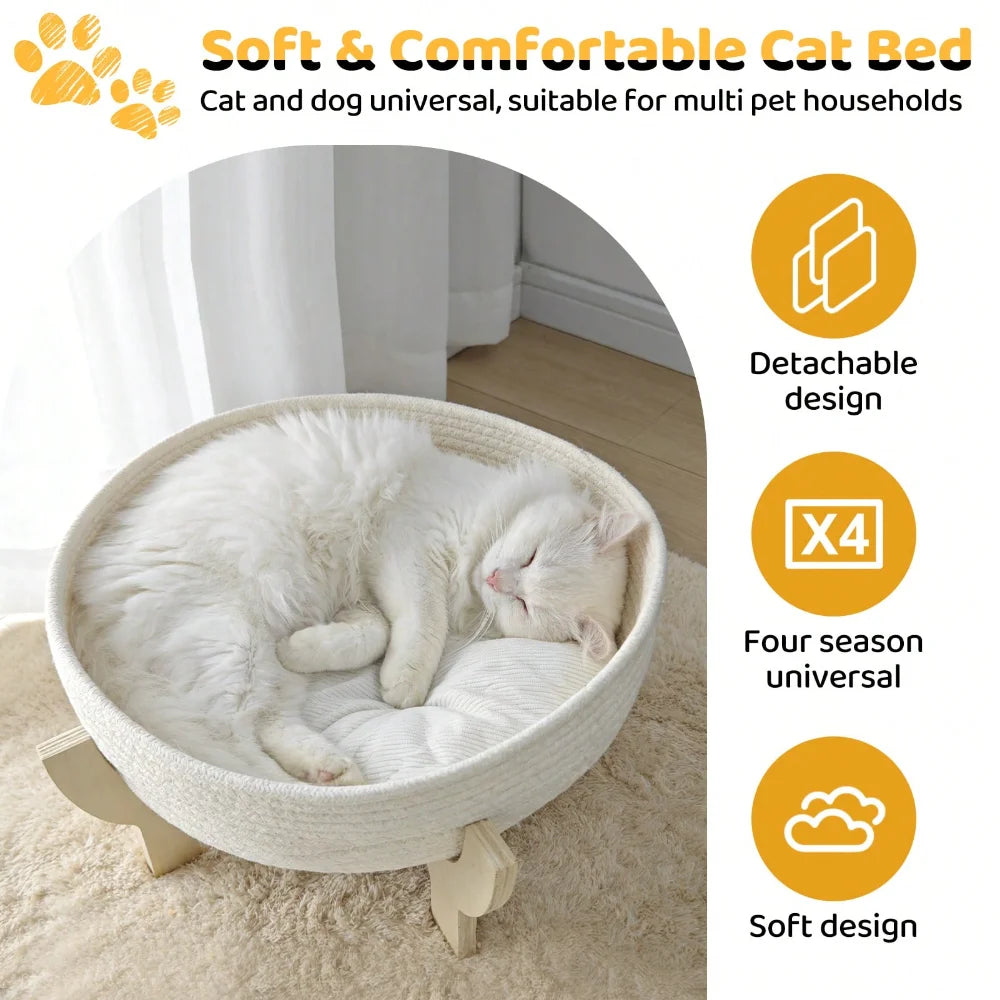 XMSJ Raised Wooden Cat Bed Sofa With Fluffy Cushion