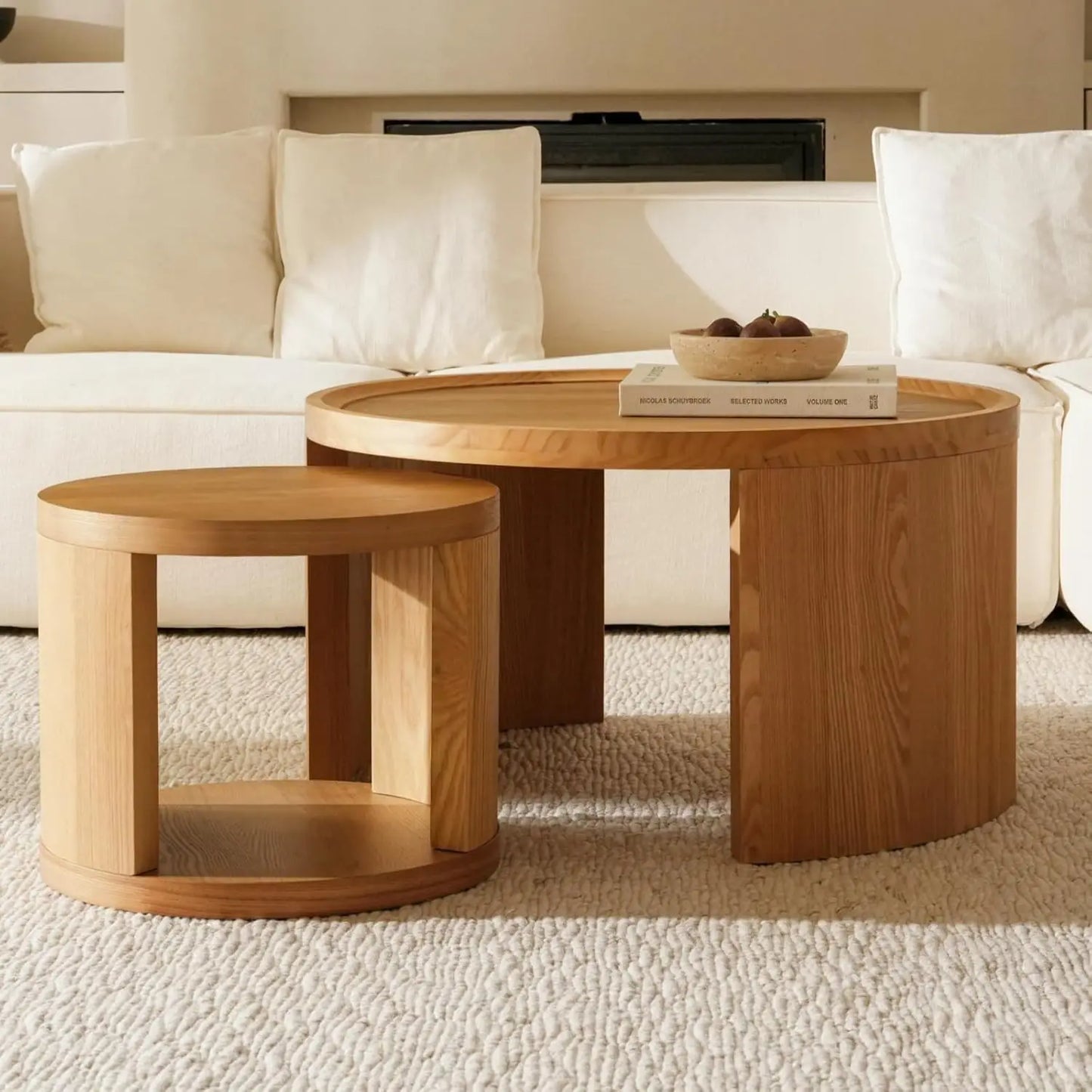 Round Nesting Coffee Table Set of 2 with Wood Tops