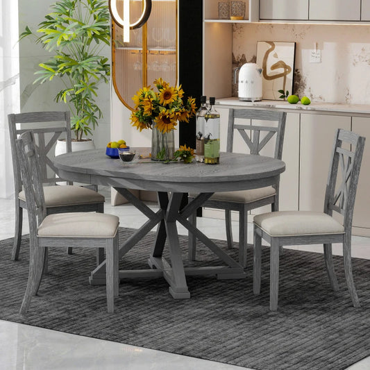 5-Piece Retro Functional Dining Table Set Extendable Round Table and 4 Upholstered Chairs for Dining Room and Living Room (Grey)