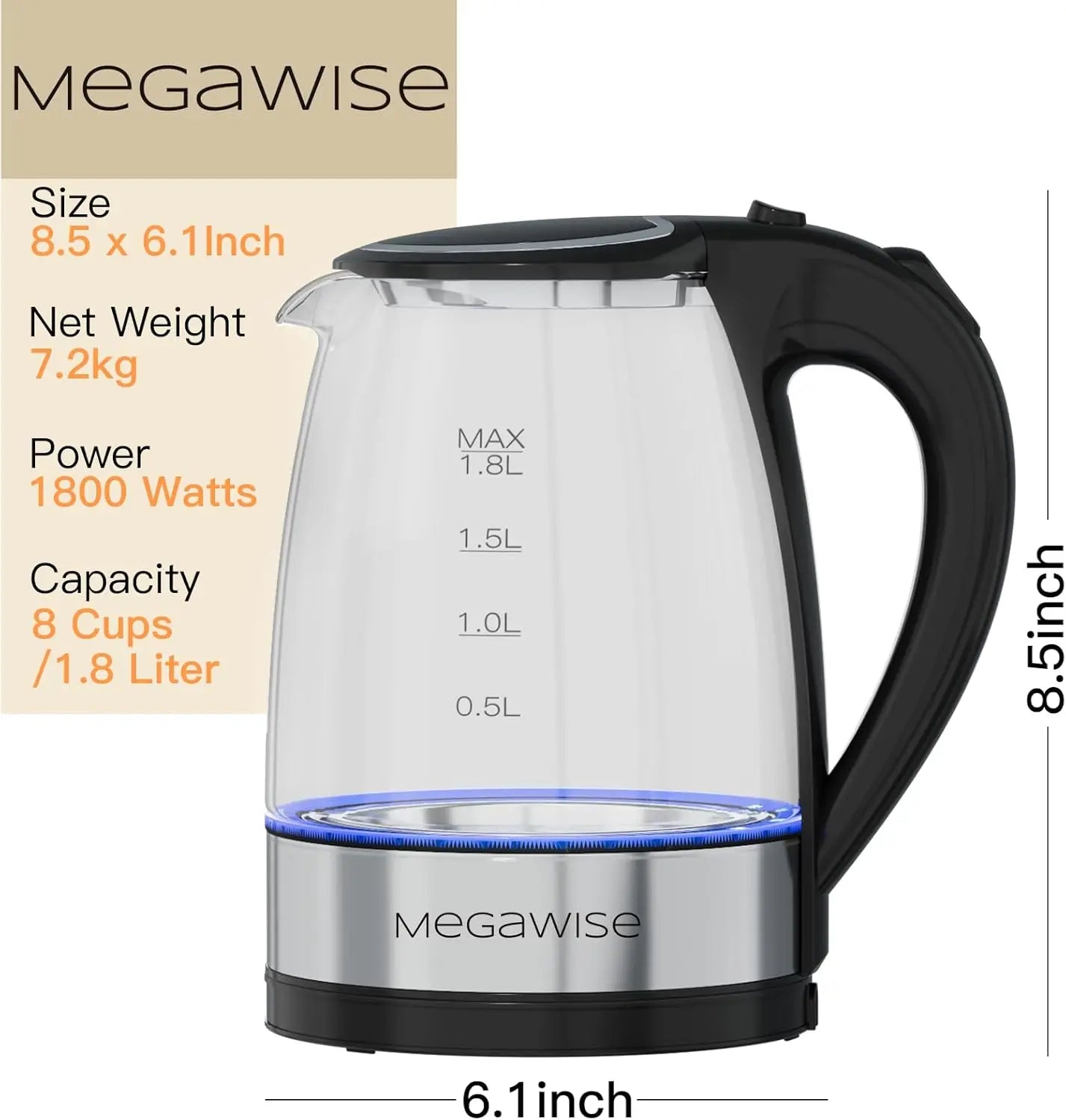Electric Glass Kettle Auto Shut Off 1 8L