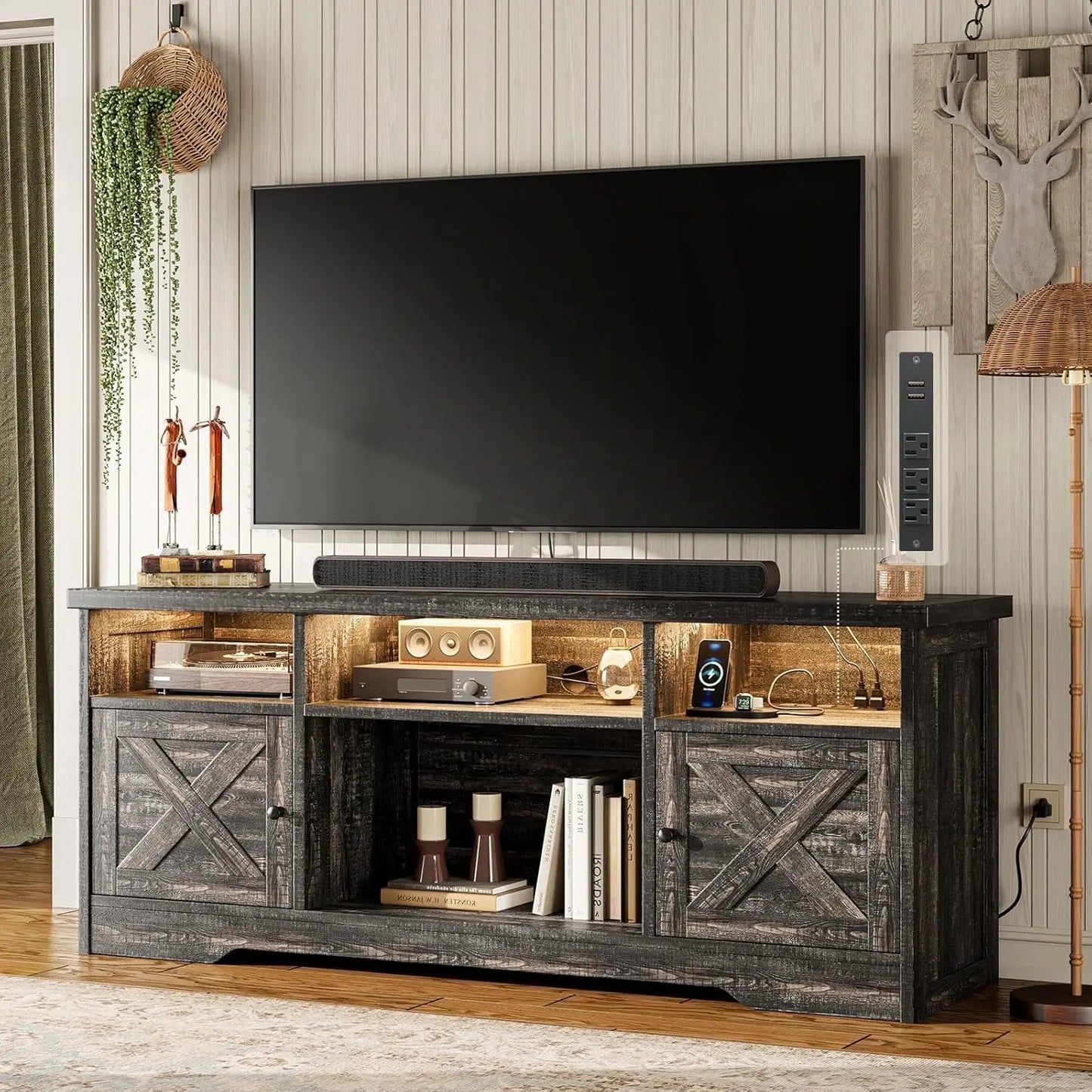 Farmhouse TV Stand with Power Outlet LED Light Storage Cabinets for Living Room Bedroom White, Customized