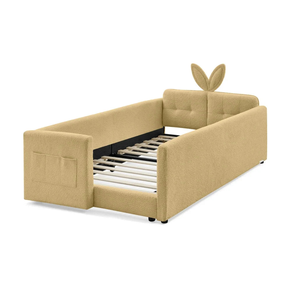 Twin Size Upholstered Platform Bed with Cute Rabbit Ear Shaped Headboard, with Safety Rail and Pocket, Boucle Fabric, Beige The Pet & Home Store