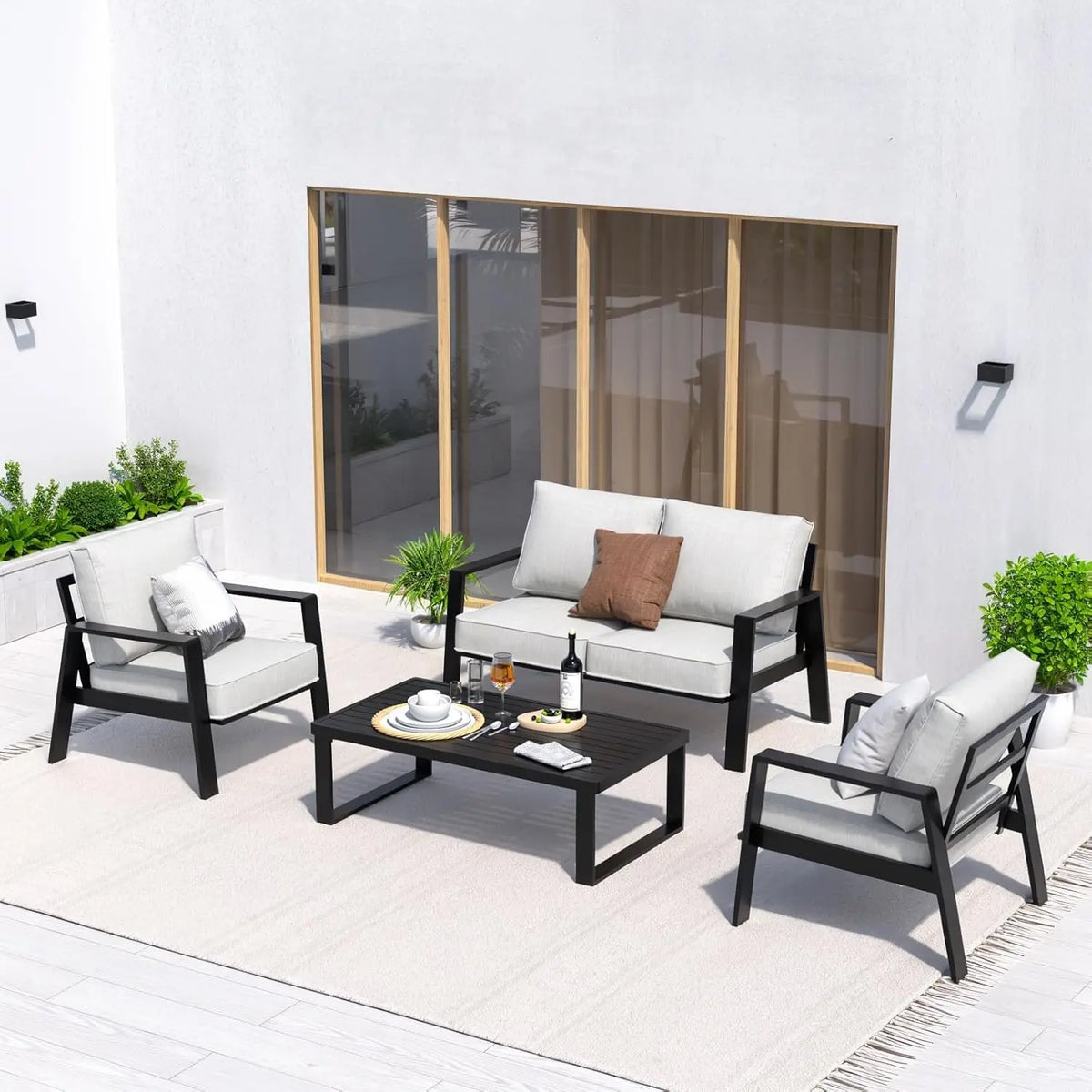 Aluminum 4 Piece Sectional Outdoor Furniture Set with Coffee Table Thick Cushions for Patio Porch Balcony Garden, Customized The Pet & Home Store