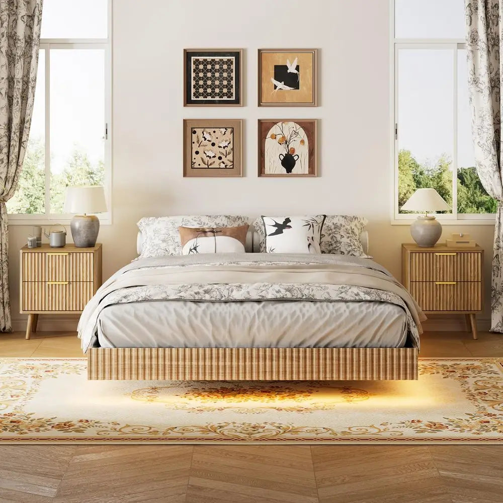 3 Pieces Queen Bedroom Set, Floating Bed Frame with Smart LED Lights amp Nightstand Set of 2, Fluted Bedroom Furniture Set for