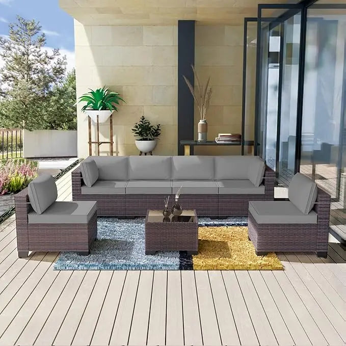 7 Pieces Outdoor Patio Furniture Set,Sectional Rattan Sofa Set Brown PE Rattan Wicker Patio Conversation Set with Tempered Glass The Pet & Home Store
