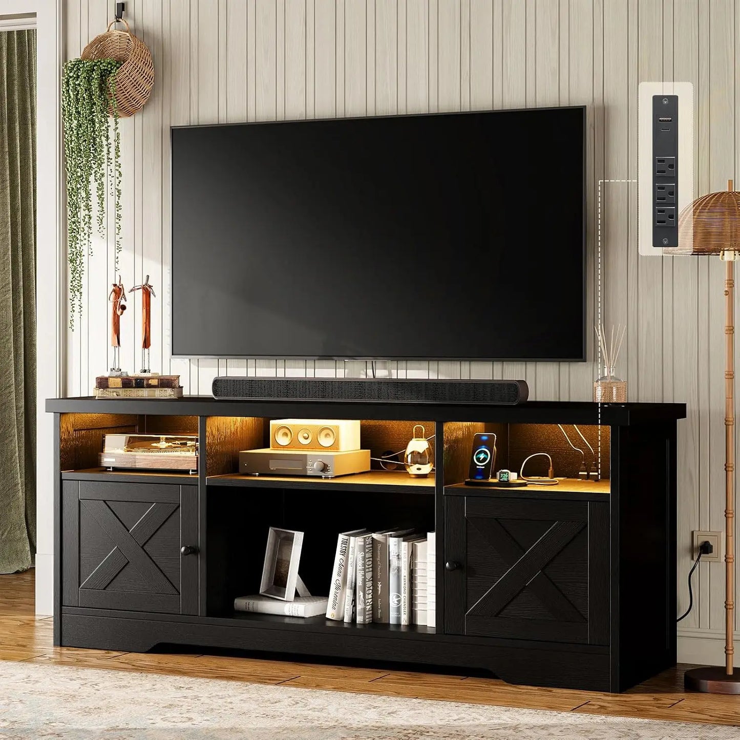 Farmhouse TV Stand with Power Outlet LED Light Storage Cabinets for Living Room Bedroom White, Customized