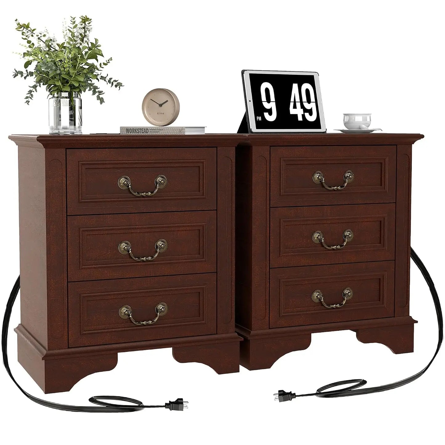 Farmhouse Nightstand Set of 2 with Charging Station & 2-Drawer Storage, Antique White for Bedroom, Custom