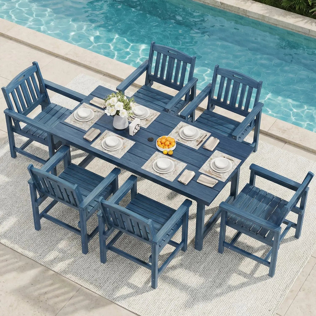 7pc HIPS Outdoor Dining Set 66.9in Table Umbrella Hole 440lb 6 Wide Chairs Galvanized Steel Navy Blue Customized The Pet & Home Store