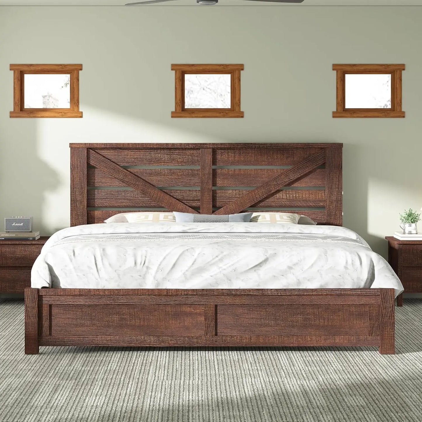 General Use King Bed Frame With Barn Door Headboard Rustic